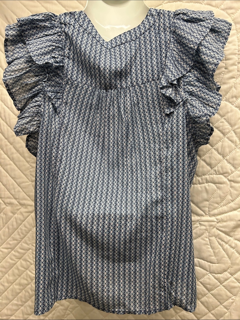 Vineyard Vines Blue Printed Ruffle-Sleeve Button Top - Picture 8 of 12
